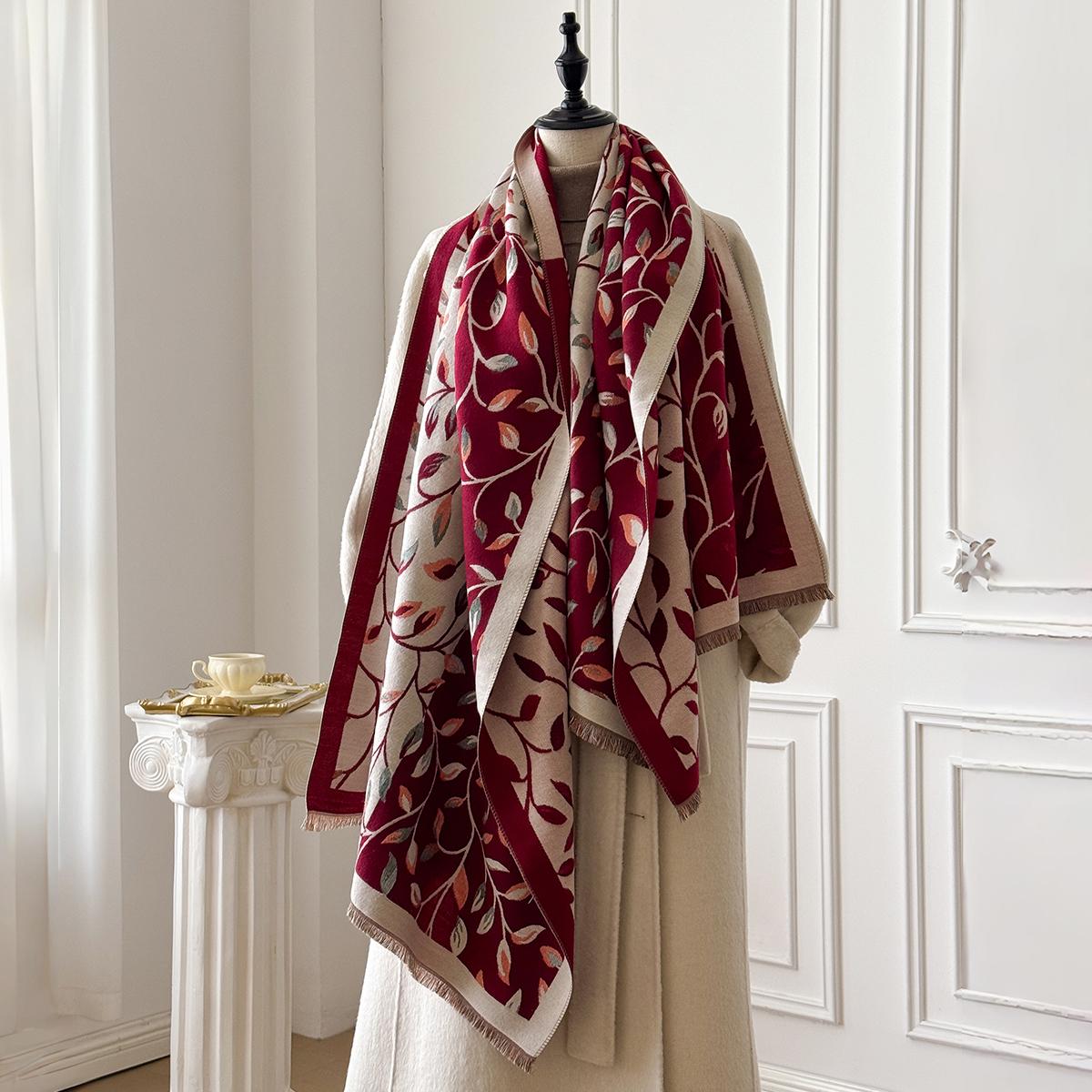 

Fashion Women S Cashmere Winter Shawl - Vintage Oil Painting Leaf Printed Tasseled Pashmina Thick Wrap & Echarpe Poncho