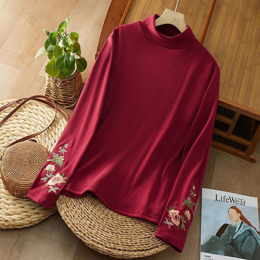 Autumn Winter Retro Velvet Bohemian Embroidery Base Layer Long Sleeve Top for Women