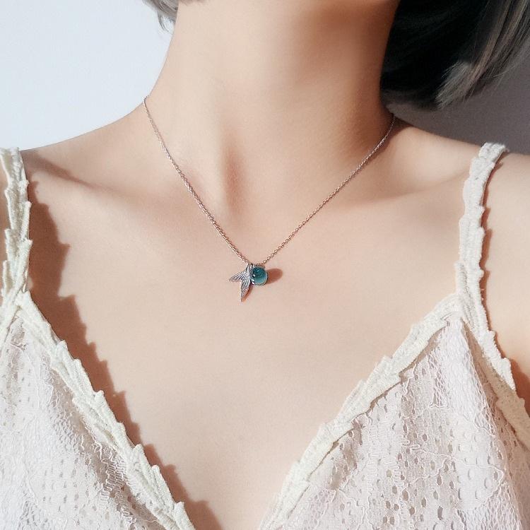 Sterling Silver Mermaid Tail Blue Bubble Necklace - Fresh Forest Style Clavicle Chain Pendant