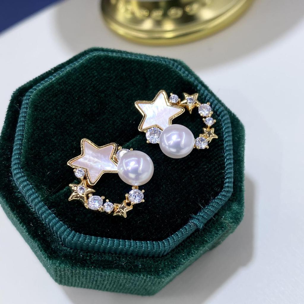 Natural Freshwater Mother-of-Pearl Star Hoop Earrings with S925 Silver Studs for Women