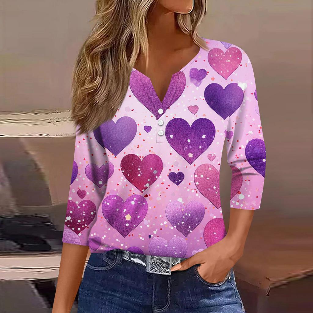 Women's Fashion Button-Up V-Neck Three-Quarter Sleeve Valentine's Day Print Top