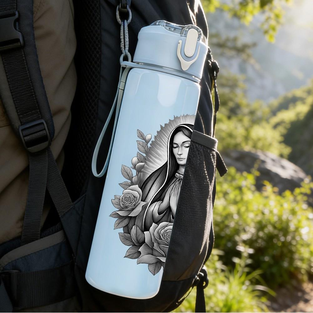 1PC Virgin Mary Floral Portrait 750ml Color Plastic Sports Water Bottle Leakproof Flip Straw Lid Suitable for Sports Office Home Use