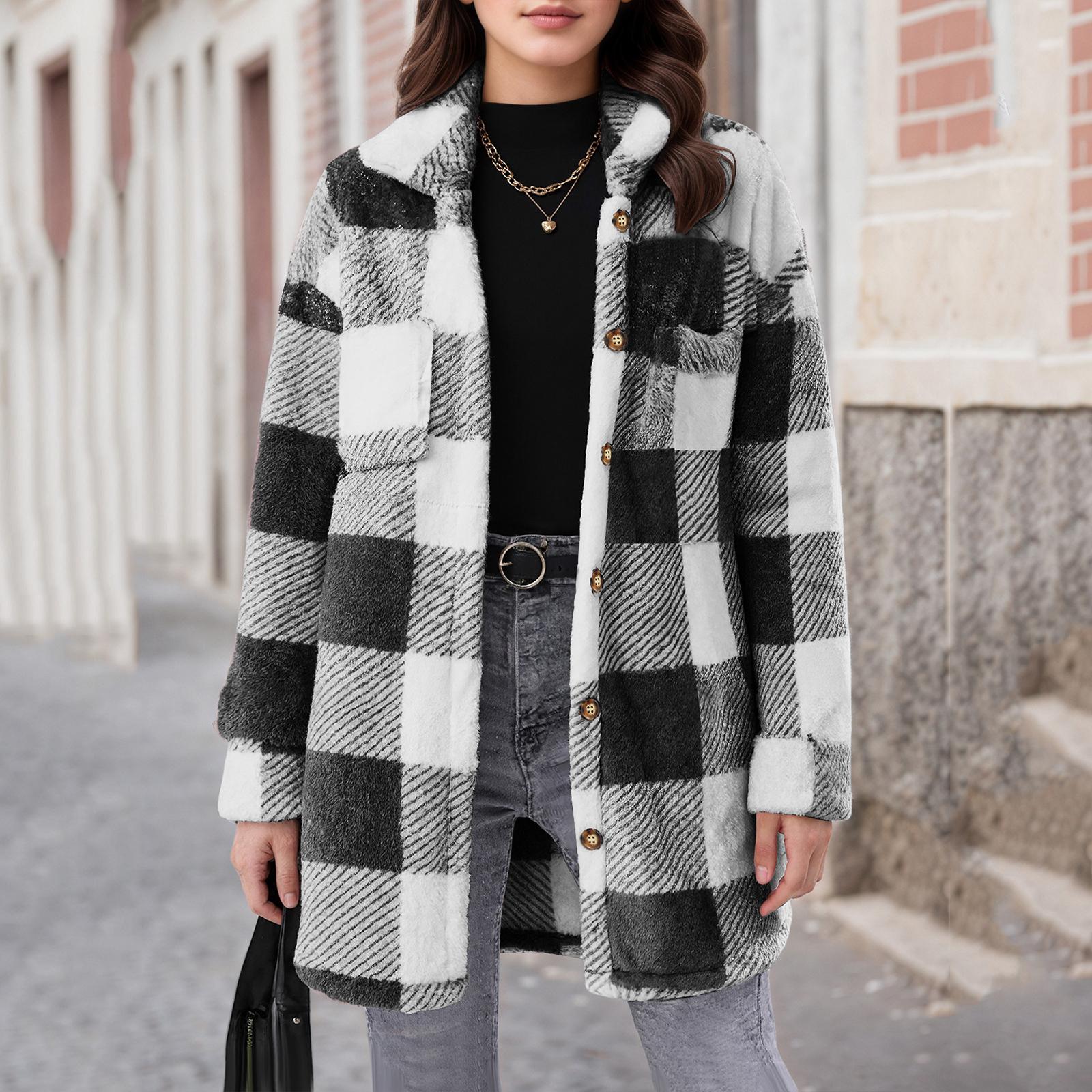 

Women s Winter Warm Single-breasted Mid-length Plaid Plush Coat L