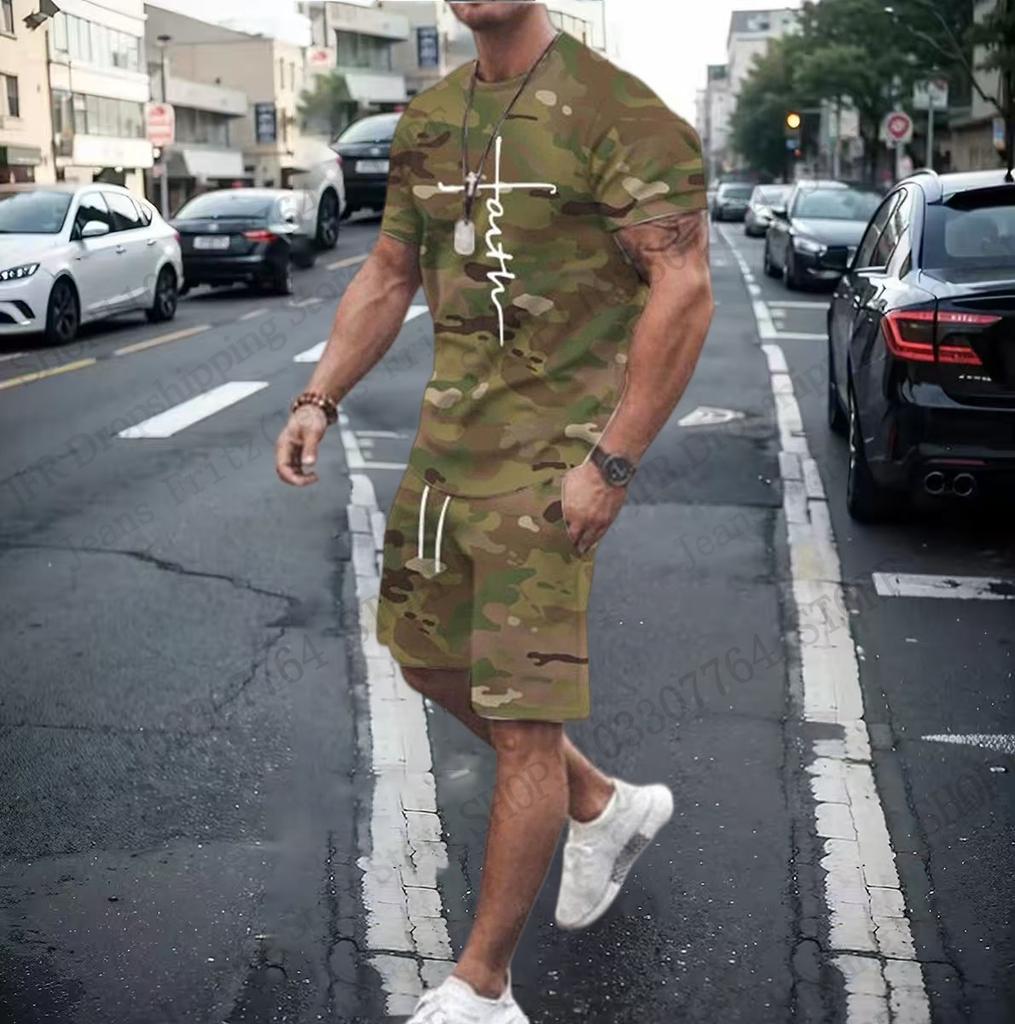 Two-Piece T-shirt Sets Camo Camouflage Faith Black Cross 3d Print T-shirt+Shorts 2Pcs Set Outdoor Suit Fitness Tee Pant Shorts SET