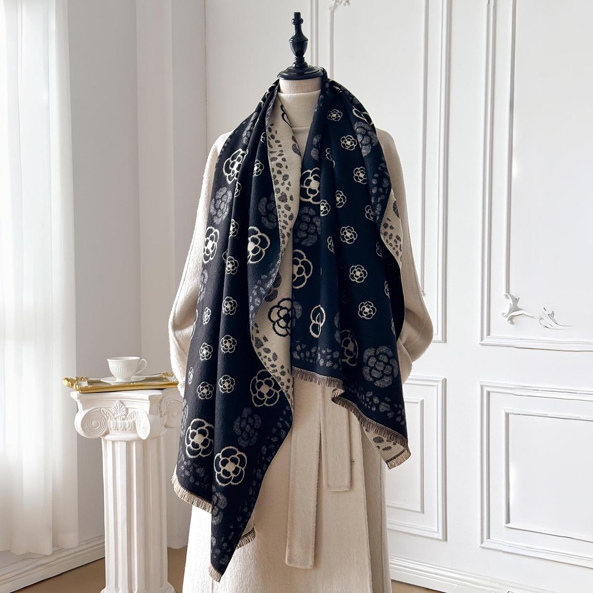 Элегантная женская зимняя толстая теплая двусторонняя цветочная жаккардовая шаль-пашмина с кисточками, холодозащитная, ветрозащитная, шарф-плед