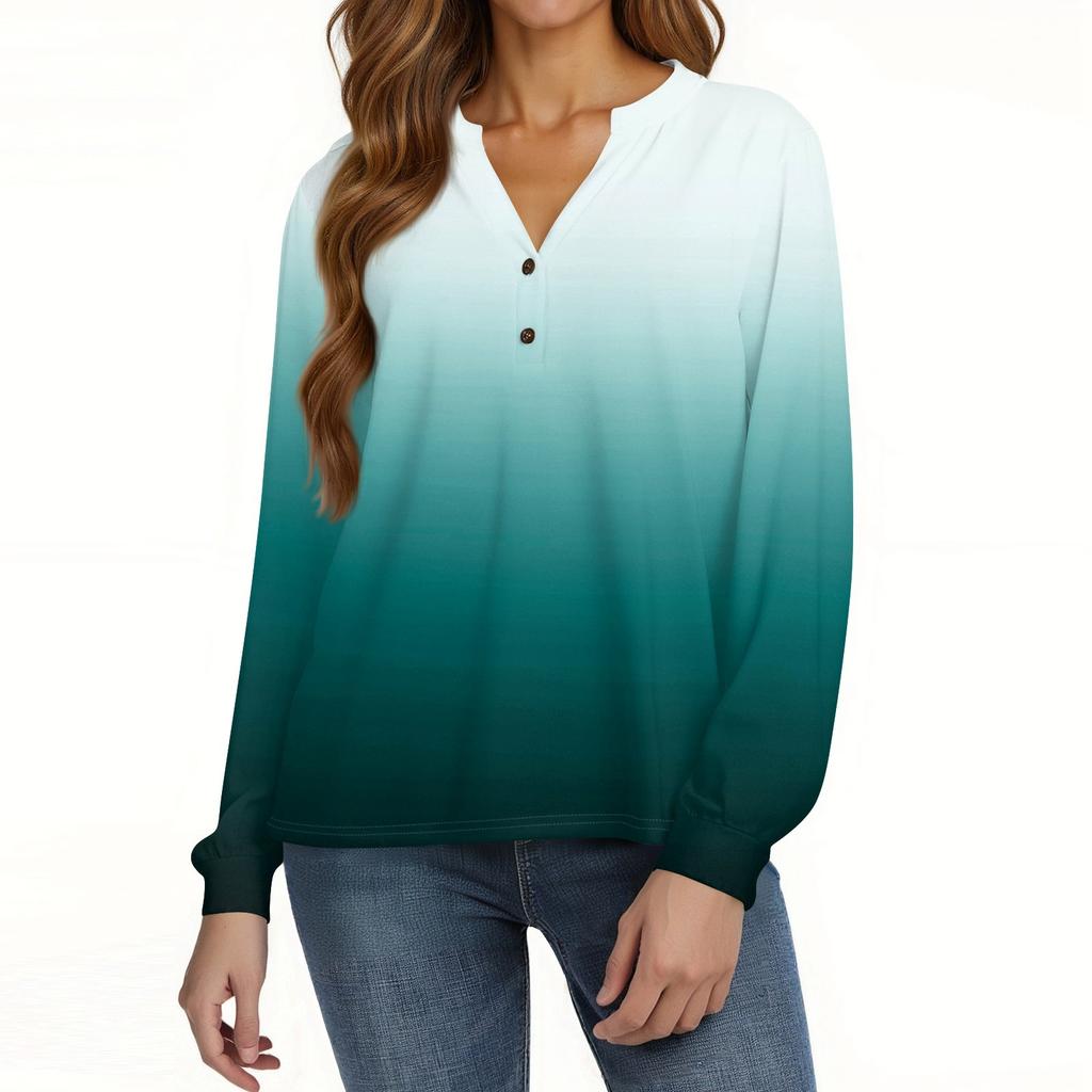 Dámské tričko s potiskem, knoflíky, dlouhý rukáv, denní, víkendová móda, základní, výstřih do V, běžný top