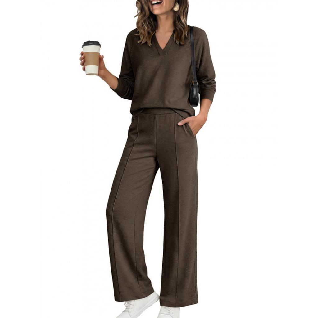 Women's V-Neck Long Sleeve Sweatshirt and Jogger Pants Set Color Activewear for Gym Workouts
