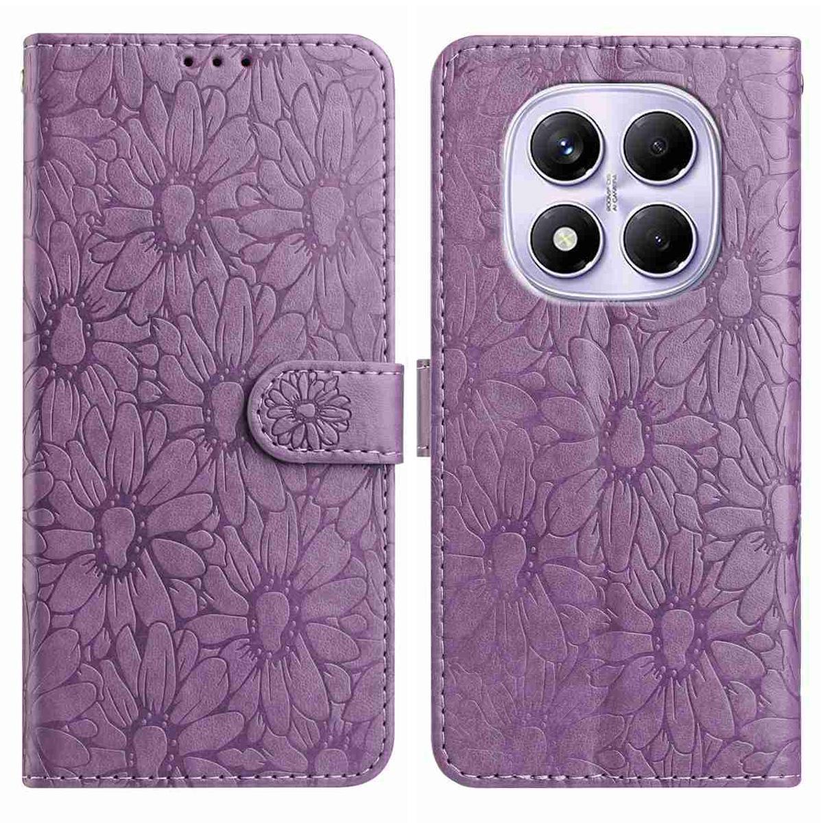 

Для Xiaomi Redmi Note 14 Pro 5G Шкіряний Чохол з Тисненням Ромашка Гаманець Підставка Захисний Чохол для Телефону Light Purple