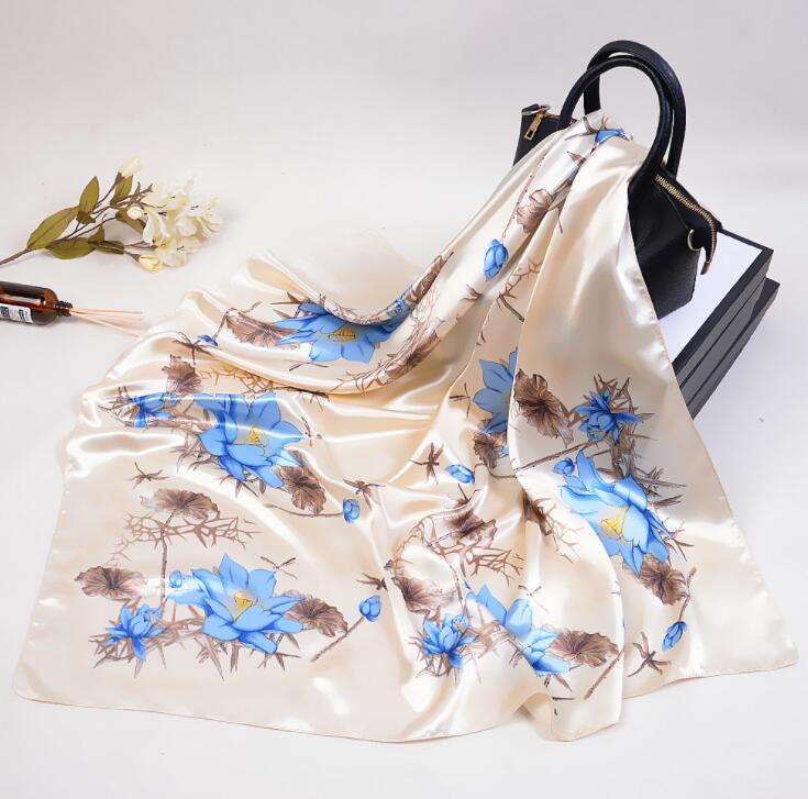 Silk Scarf Women Lotus Flower Design Square Scarves Office Ladies Shawl Bandanna 90*90cm Muslim Hijab Handkerchief Scarves