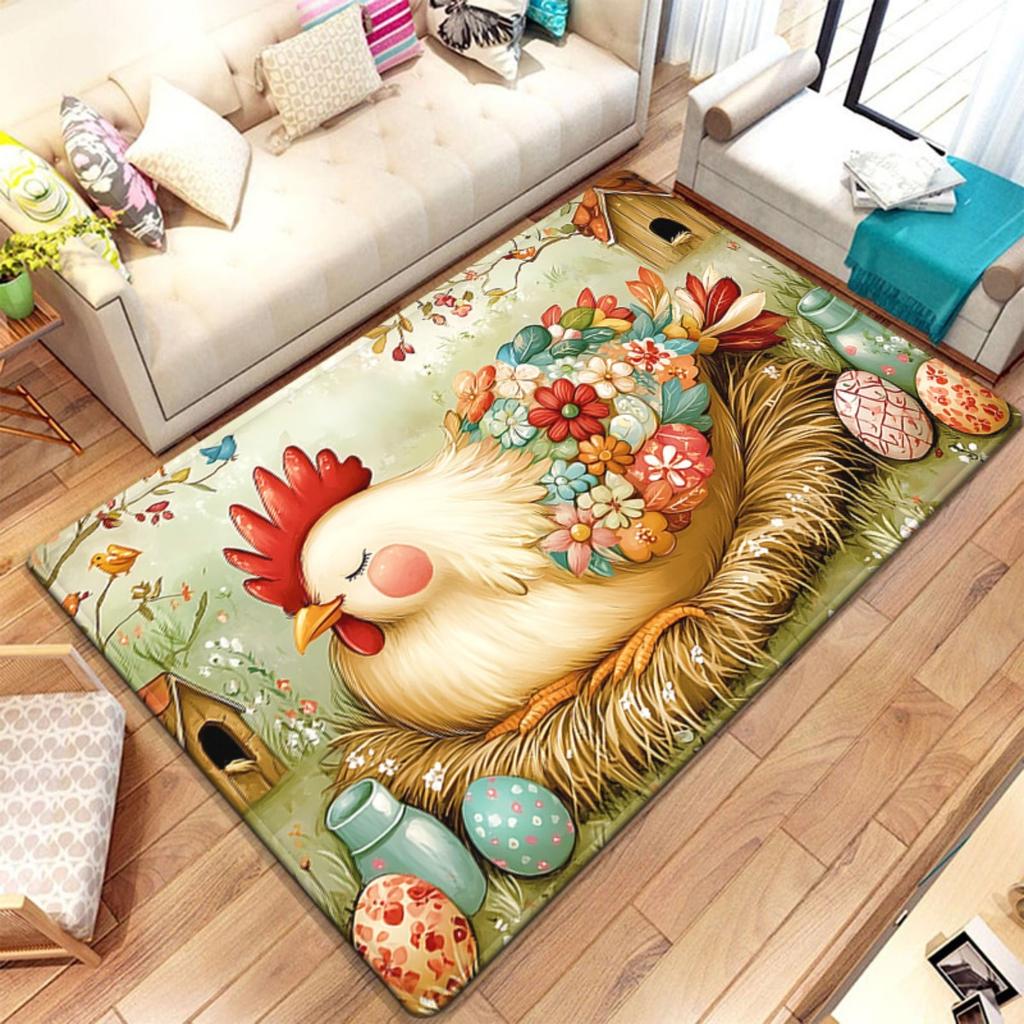 Cute Chicken Floral Design Crystal Velvet Rug Living Room Decor Easter Theme Home Decoration Soft Floor Mat Cozy Family Space