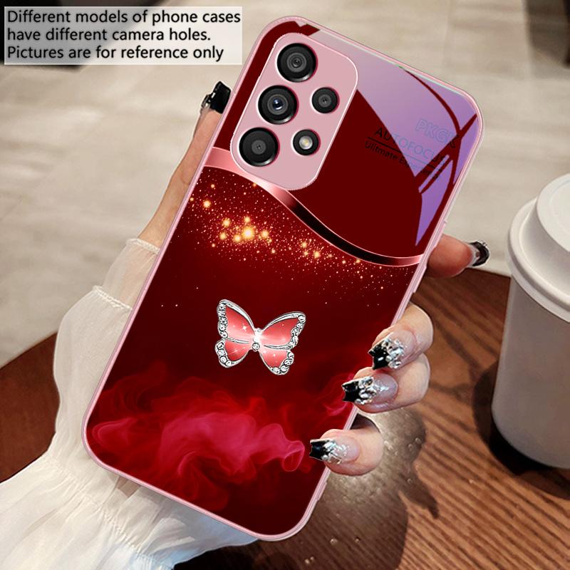 Pink Butterfly Ash Blue For Samsung Galaxy S10 4G S20 11E 30 S21 22 S24 Fe Pro S23 S25 Ultra 5G S9 Tempered Glass Phone Case