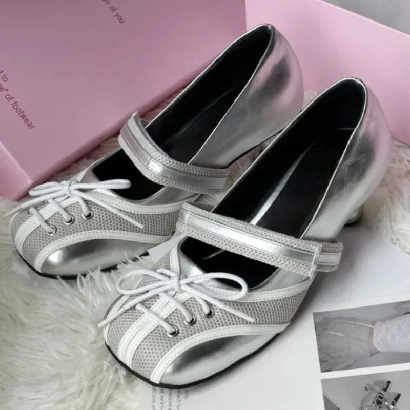 Fashion Designer Luxury High Heeled Ballet Shoes Woman Casual Loafers Square Toe Strange Style Cross Strap Shallow Silver Mary Jane Shoe