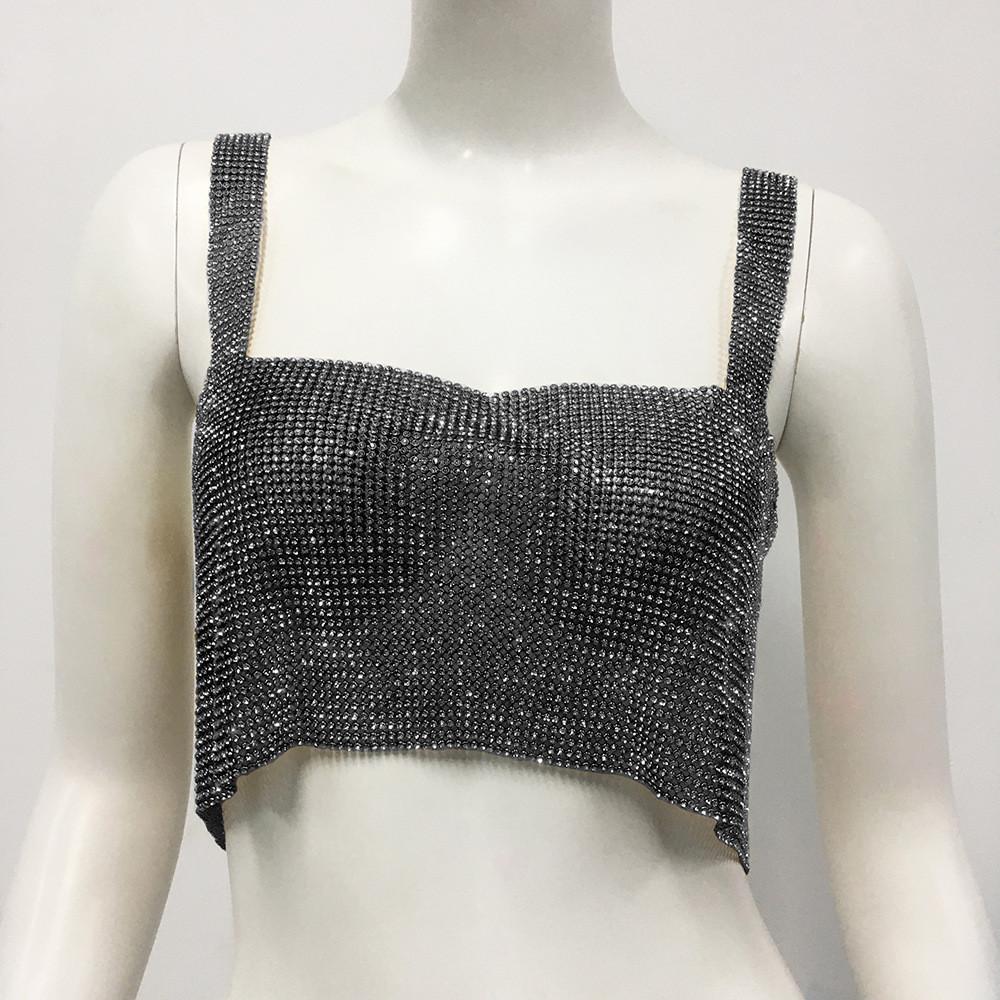 Metallic Streetwear Women Tank Top With Rhinestone Embellishments