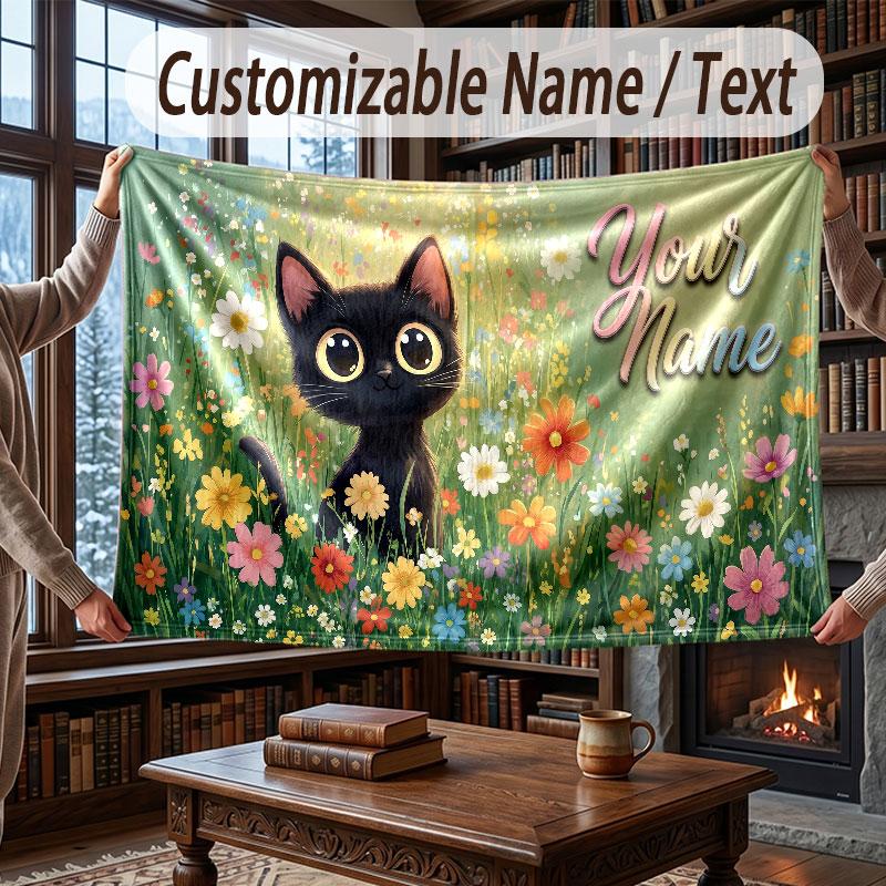 Cat Theme Throw Blanket Custom Name Text Personalized Blanket Soft Cozy Blanket for Home Sofa Bed