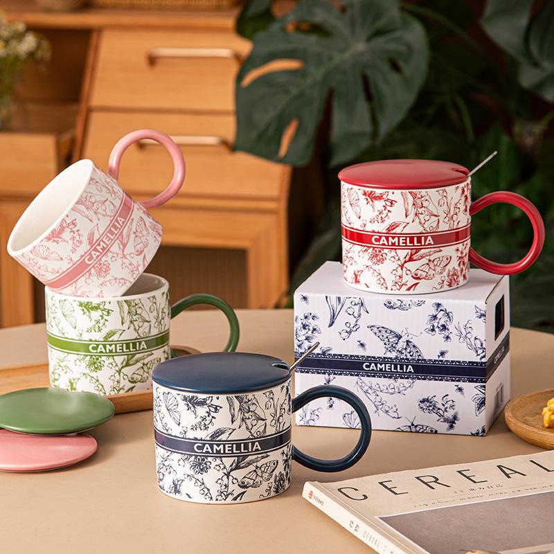 

Ink Flower Ceramic Mug Household High Value Retro Pattern Water Cup High Sense With Cover Office Drinking Cup 380m l