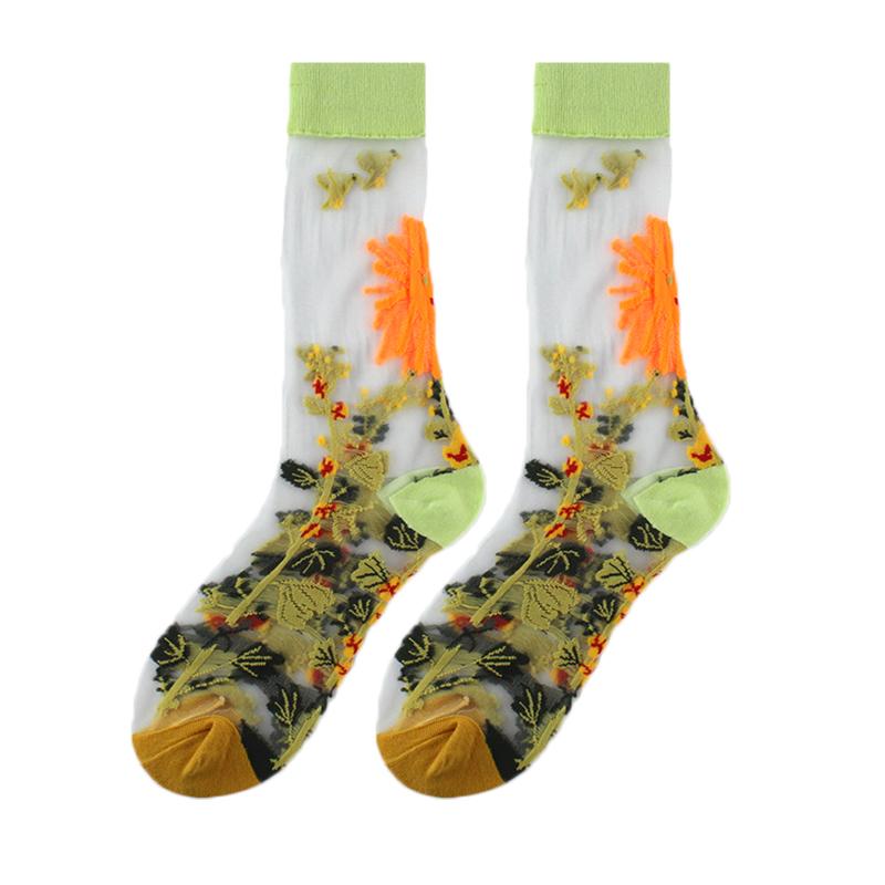 France Hipster Design Glass Silk Floral Bird Funny Socks Women Transparent Streetwear Art Sokken Jacquard Calcetines Divertidos