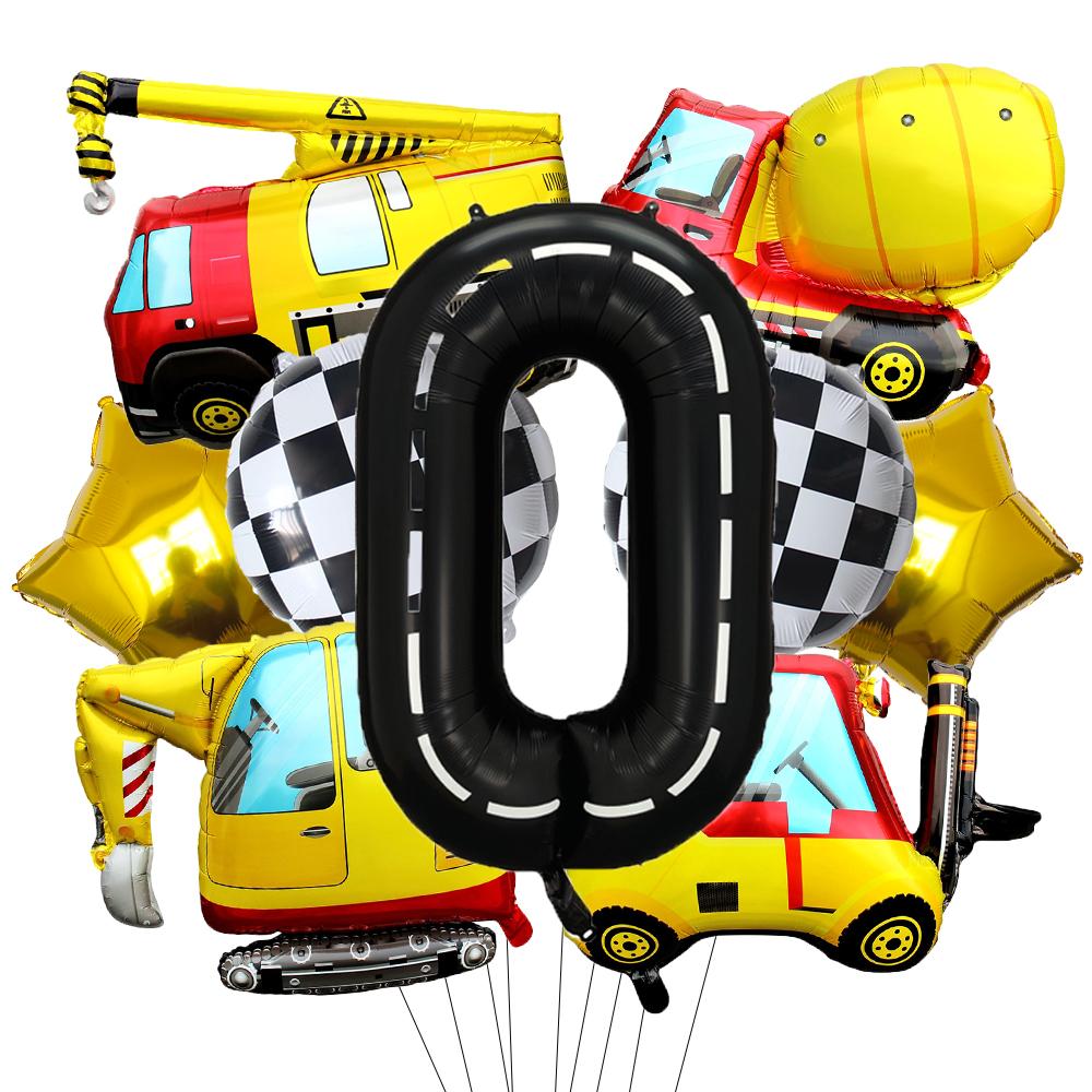 9 Pcs 1set Engineering Theme Foil Balloons With 40Inch Number Birthday Party Ballon Construction Vehicle Tractor Car Balloons