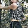 Women Check Waistcoat Punk Vest Tank Crop Top Chain Gothic Sleeveless Shirt