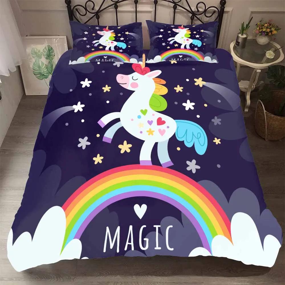 Microfiber Fabric Bedclothes Kids Beds Cartoon Rainbow Unicorn Bedding Set Home Bed Set Cute Unicorn Duvet Cover With Pillowcase