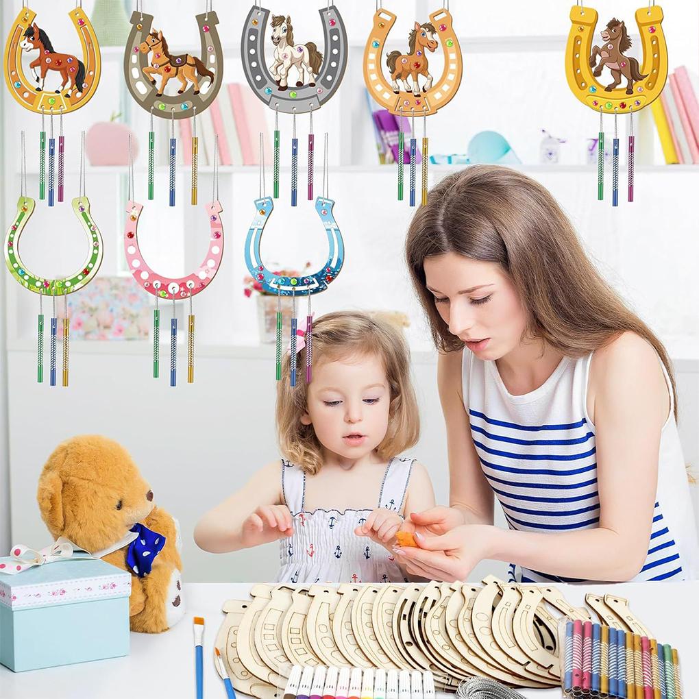 Diy Wooden Wind Chime Horseshoe Wind Chime Graffiti Horseshoe Wind Chime Kit Wooden U-shaped Birthday Crafts Pendant