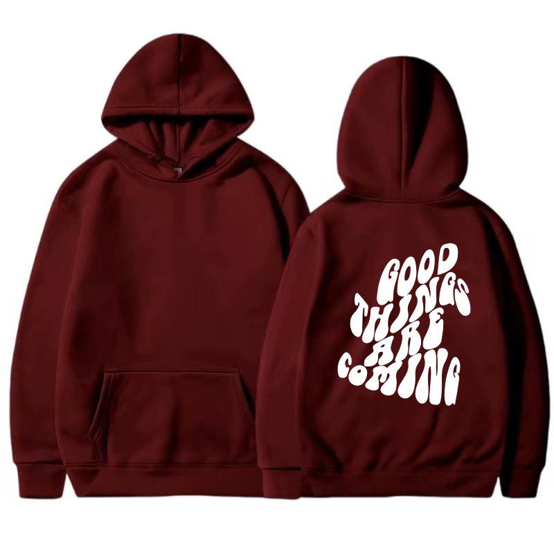 GOOD THINGS ARE COMING Women's Velvet Hoodie Solid Color Letter Printed Kangaroo Pocket Drawstring Printed Hoodie