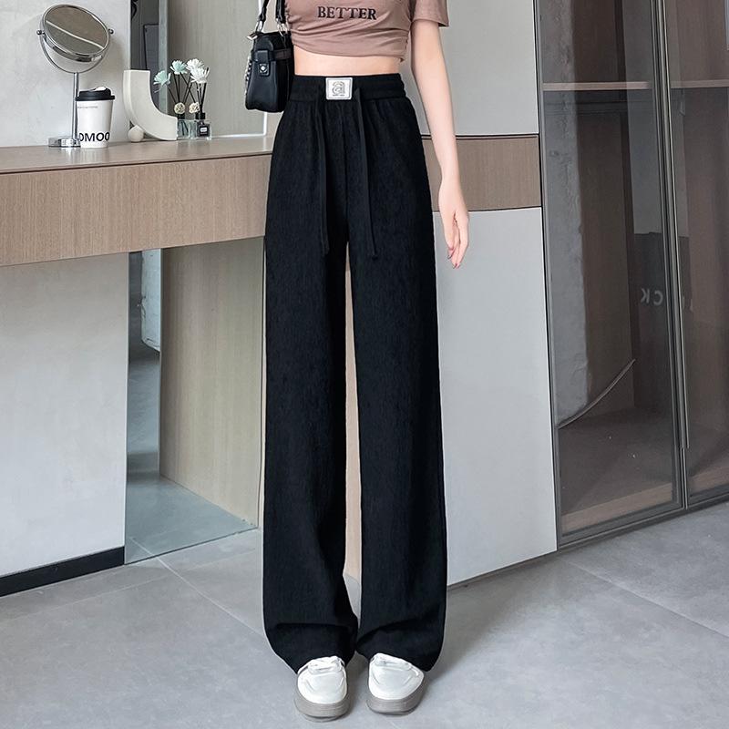Pleated High Waist Fleece-Lined Wide Leg Pants for Women - Autumn Winter Slimming Plus Size Casual Wear