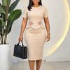 Abito Midi Elegante da Donna a Colore Unito Manica Corta Girocollo Bodycon con Peplo e Dettaglio Floreale 3D