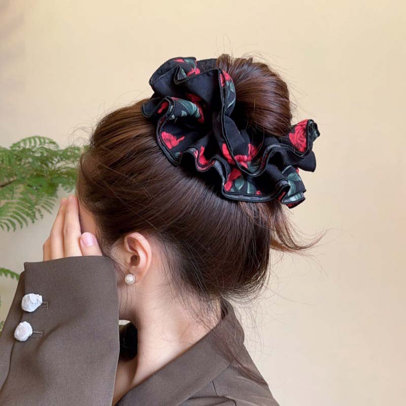 Vintage Large Rose Hair Scrunchies for Women Girl Elegant Red Flower Elastic Ponytail Holder Hair Rope Headwear Hair Accessories