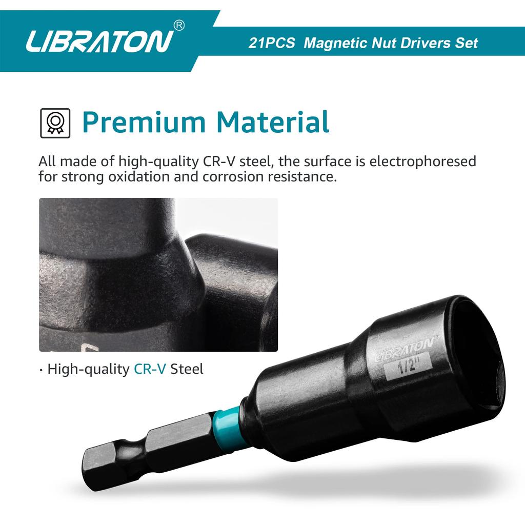 Libraton Magnetic Socket 21 Piece Sockets for Electric Drill Hex Impact Socket Bit Extension Case Included Set, Set, Drivers, 1/4" Shank, Socket,