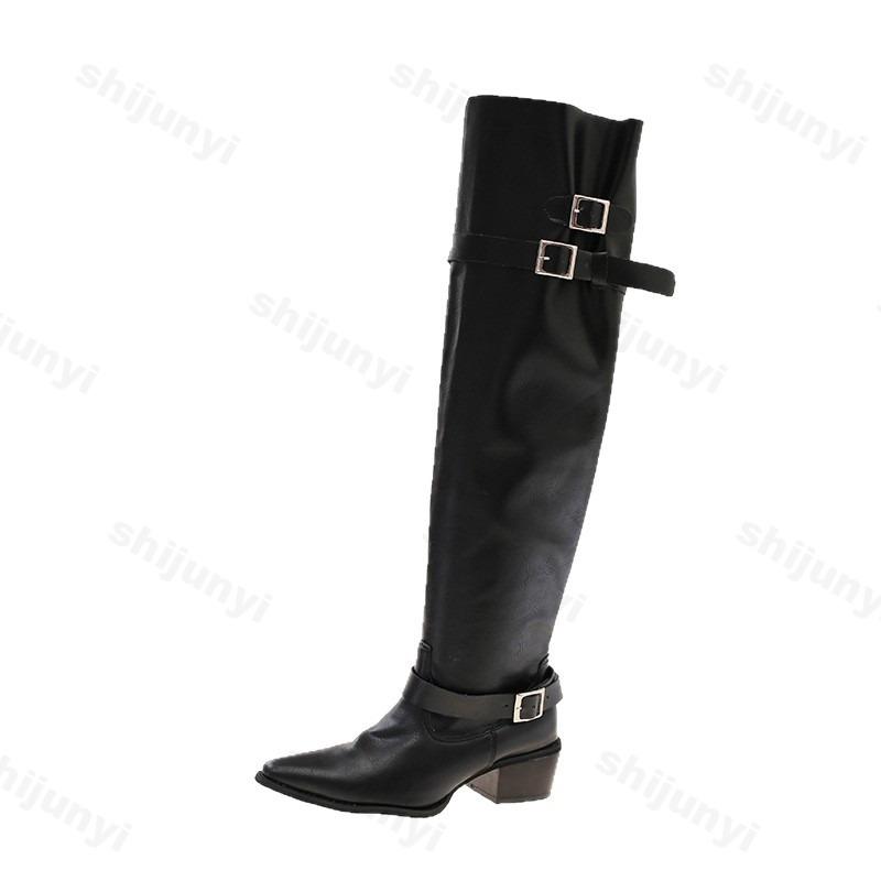 Fashion Knee-high Pointed-toe Women's Knight Boots Retro Thick Heel Slimming Large Tube Autumn Winter New Style Polyurethane Material