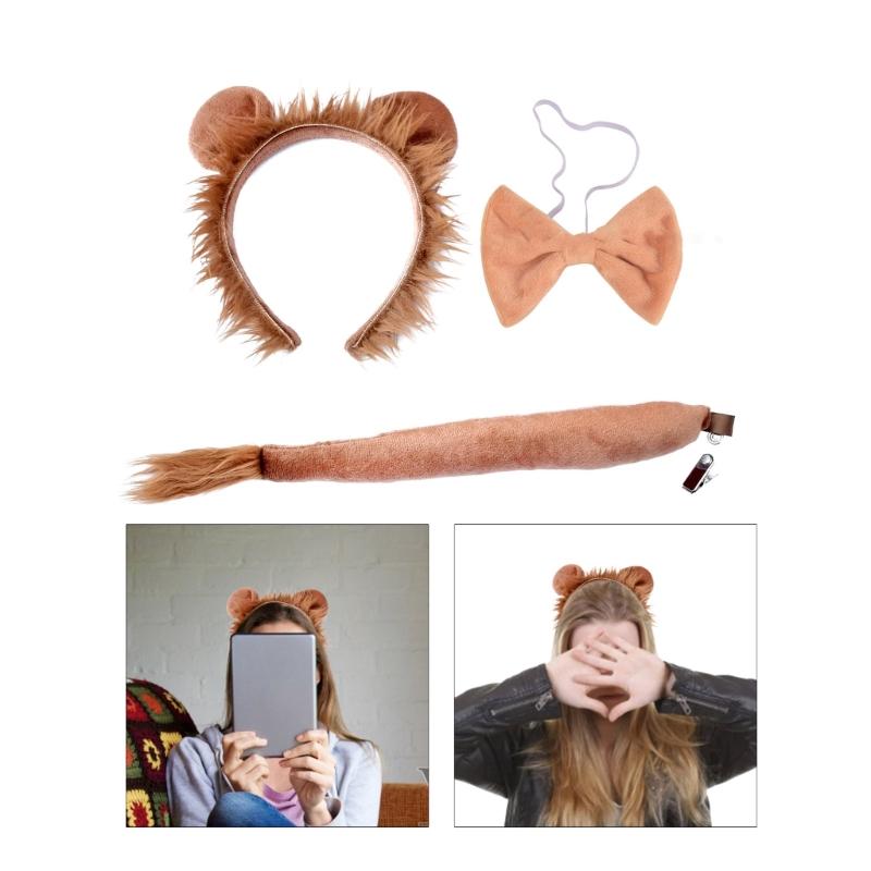 3pieces Creative Performances Lion Ear Hairband Bowtie Tail Adult Taking Photo Headbands Halloween Carnivals Hair Hoop