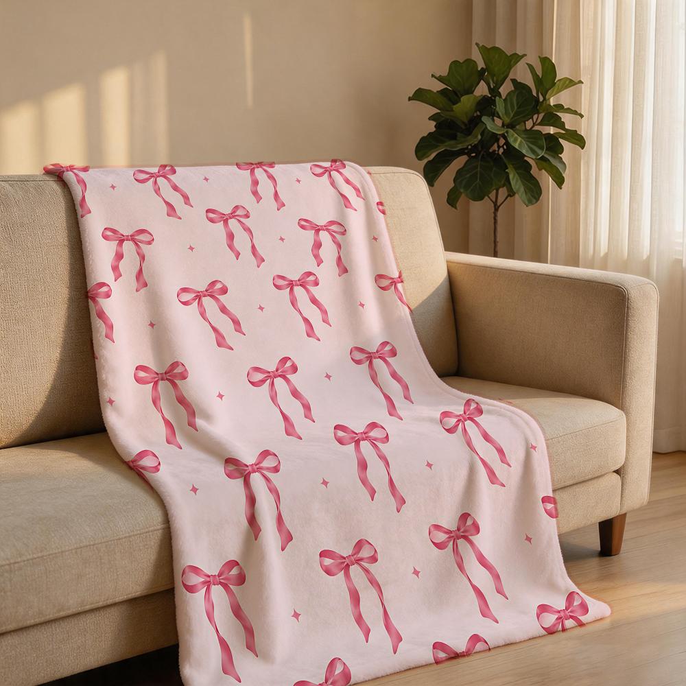 Pink Bow Set Throw Short Plush Throw Blanket Soft Skin-Friendly Multi-Scene Home Office