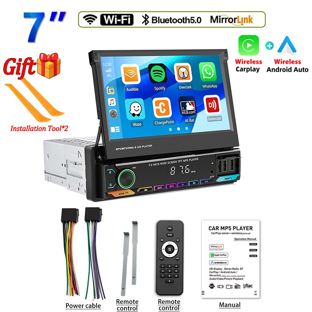 

7-дюймовый выдвижной сенсорный экран GPS Wireless Carplay Android Auto 1Din автомобильный радиоприемник мультимедийный проигрыватель Rearcam интеллектуальные системы