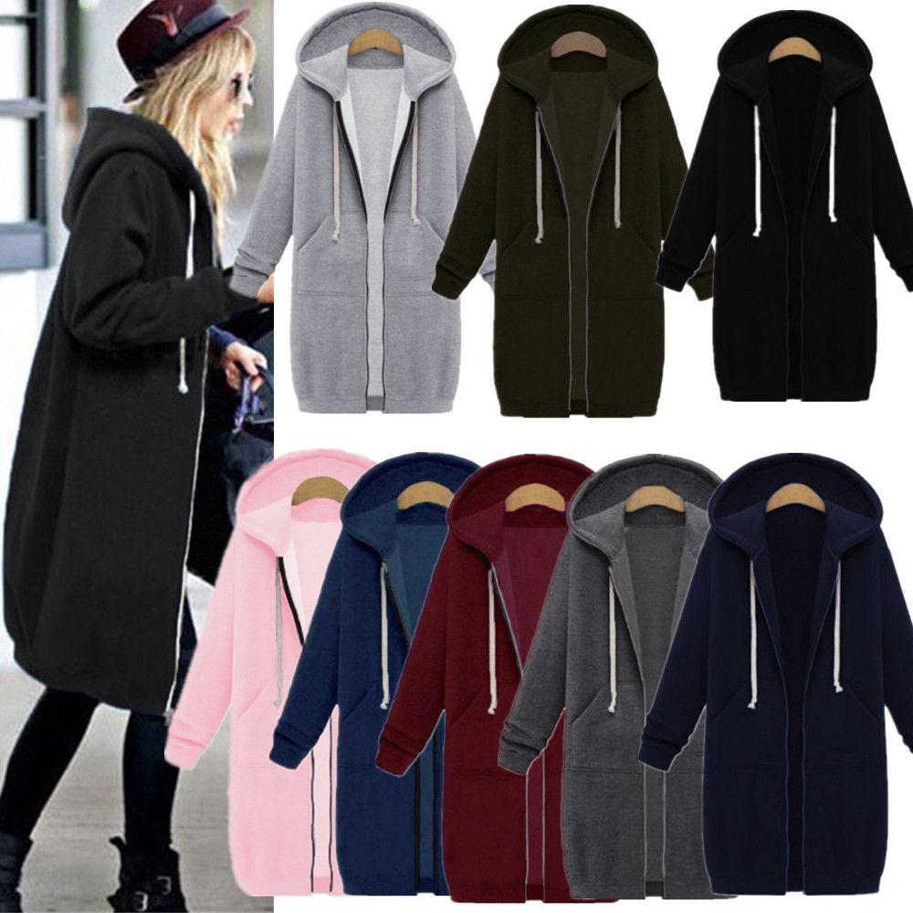 Women Long Sleeve Zip Up Hooded Hoodie Jacket Jumper Cardigan Coat Size Plus