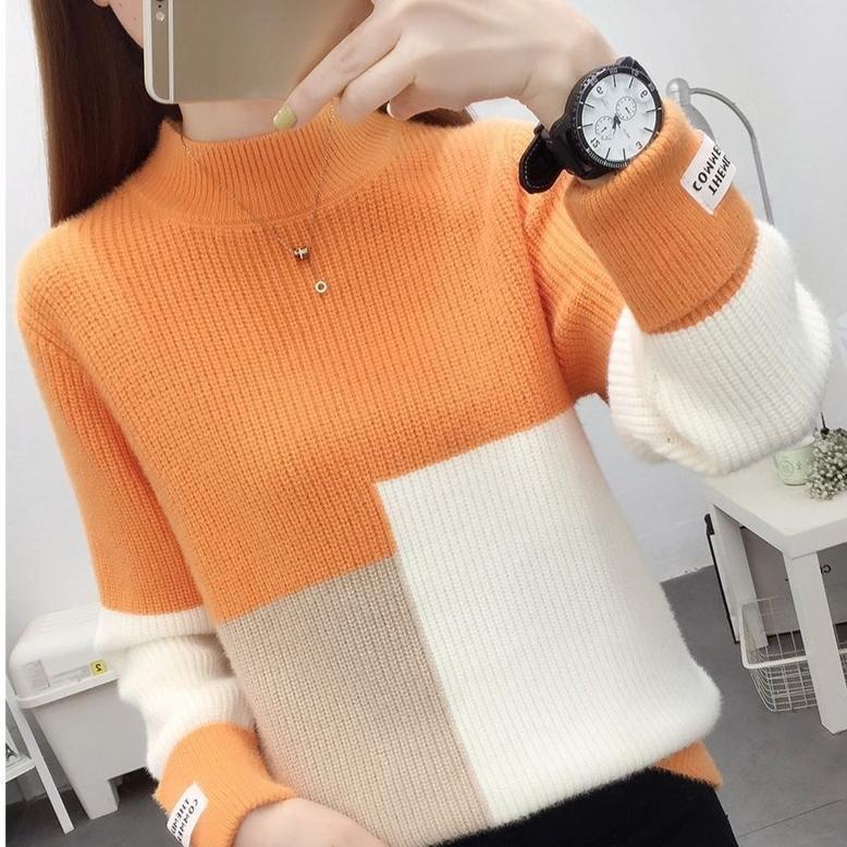 Women's Mink Fleece Sweater Autumn and Winter Half-turtleneck Knitwear Color-blocked Half-turtleneck Pullover Sweater