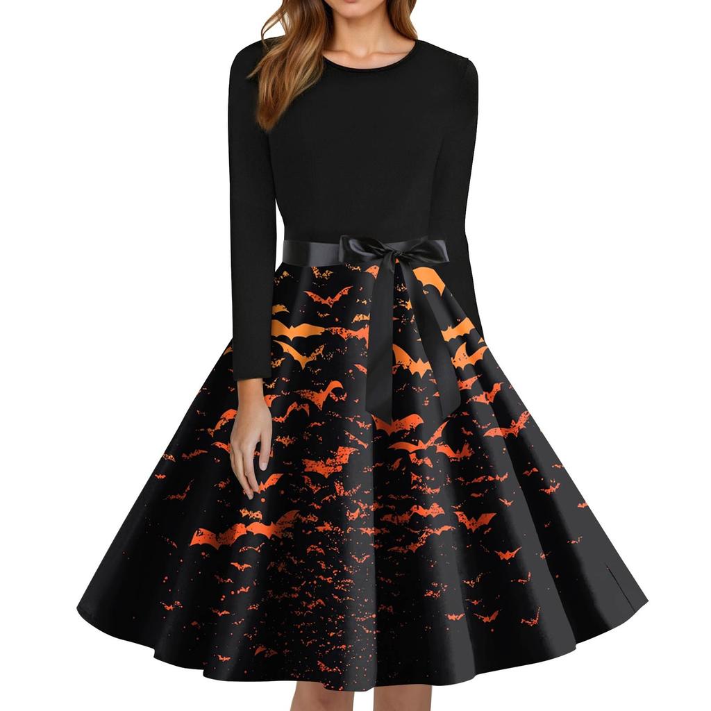Women's Fashion O-Neck Casual Slim Fit Halloween Printed Long Sleeve Dress