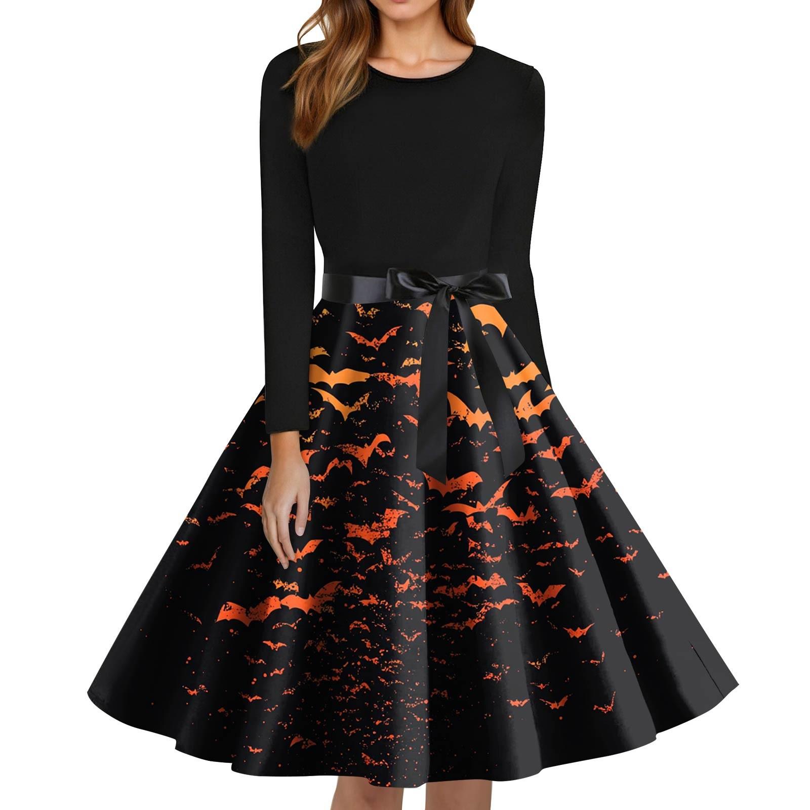 

Women s Fashion O-Neck Casual Slim Fit Halloween Printed Long Sleeve Dress XL помаранчевий