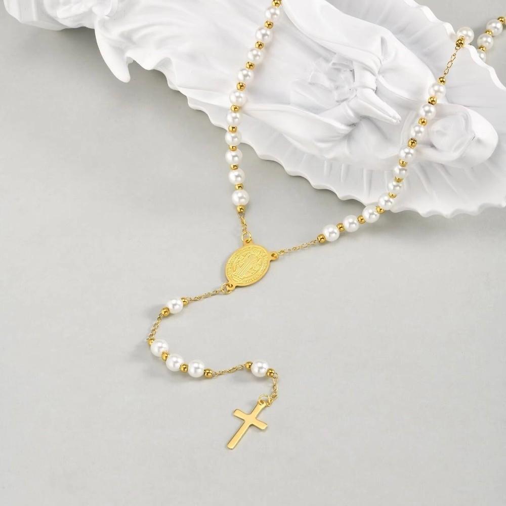 Fashion Stainless Steel Y Chain Rosary Beaded Pearl Cross Pendant Long Chain Sweater Chains Daily Wear
