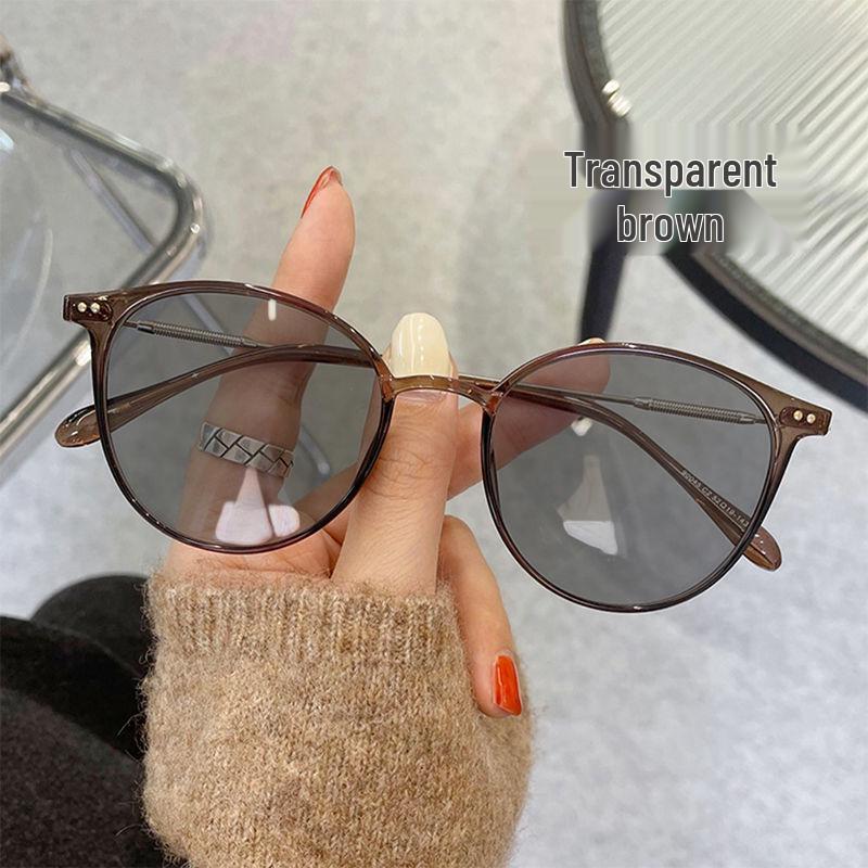 Korean Style Women's Color-Changing Myopia Glasses with Prescription, Anti-Blue Light, Tea-Colored Frames