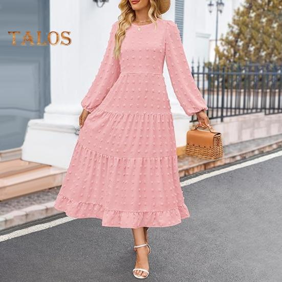 Herbst Winter Damen Kleid Lange Laternenärmel A-Linie Rundhals Großer Saum Punktapplikation Plissiert Einfarbig Dating Pendeln Midikleid