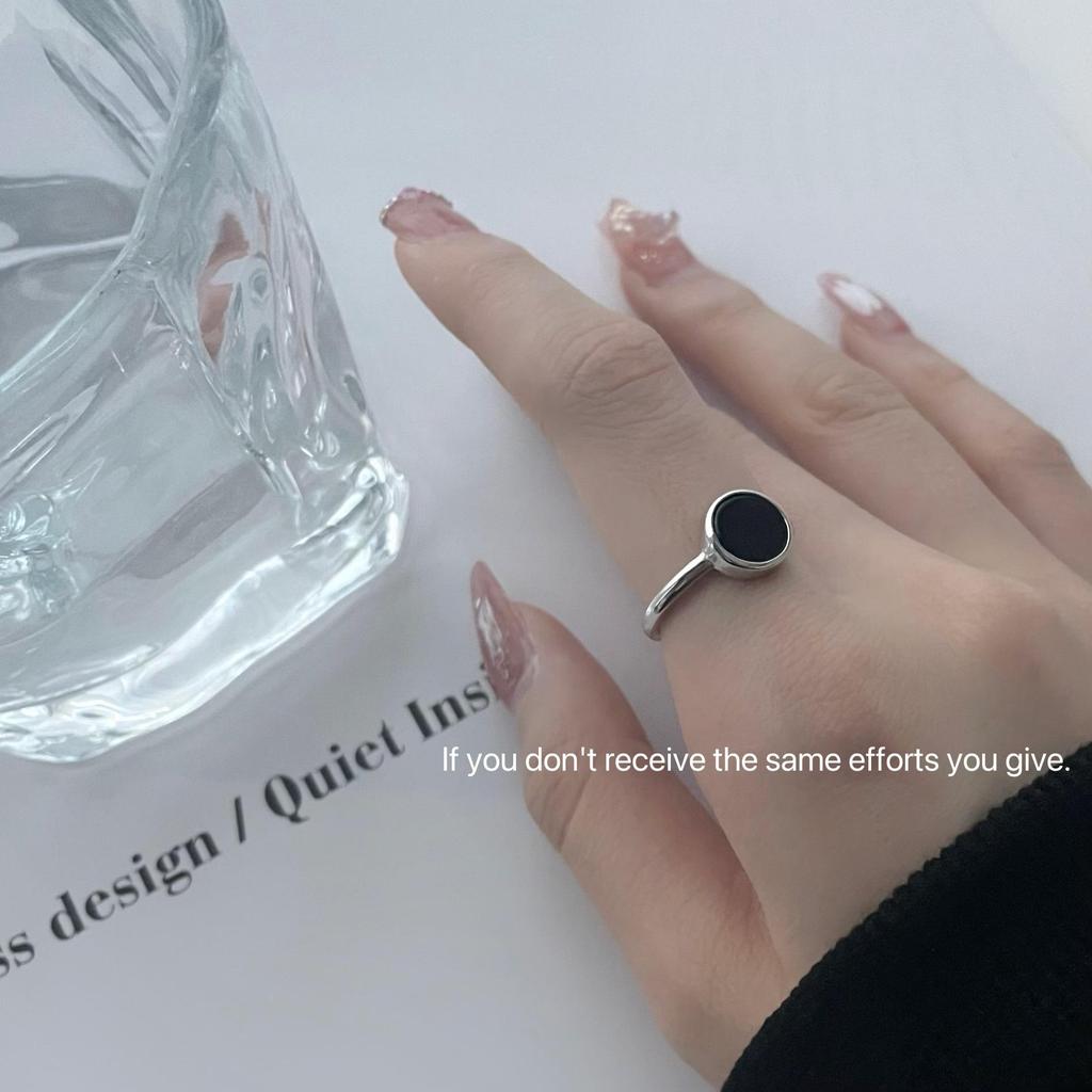 Inel deschis minimalist cu cerc negru din argint sterling S925 - Inel de deget la modă în stil coreean