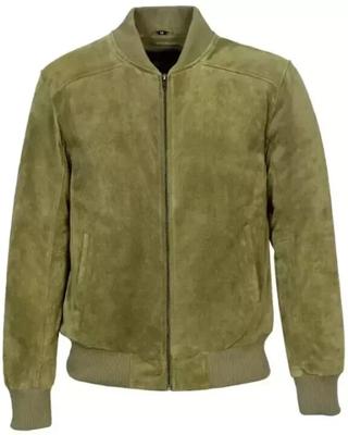Men's Real Suede Bomber Green Jacket Leather Genuine Lambskin Stylish Handmade Biker