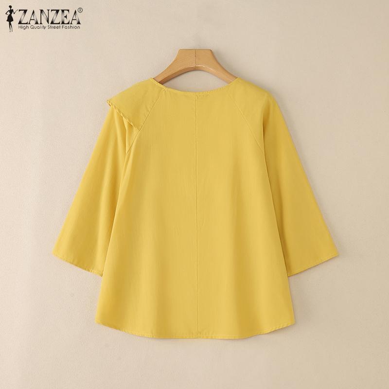 ZANZEA Damen Casual Rundhals Einfarbig Sommer 3/4 Ärmel Bluse