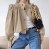 Women Pleated Stand Collar Loose Short Khaki Trench Coat Casual Outerwear