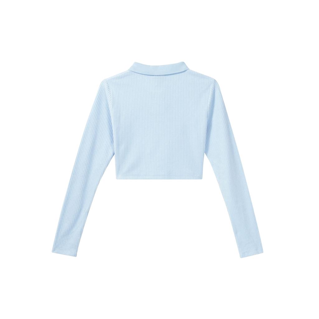 Jordan Solid Logo Cropped Corduroy Long Sleeve Top Women Tops Ice-Blue DV1401-411