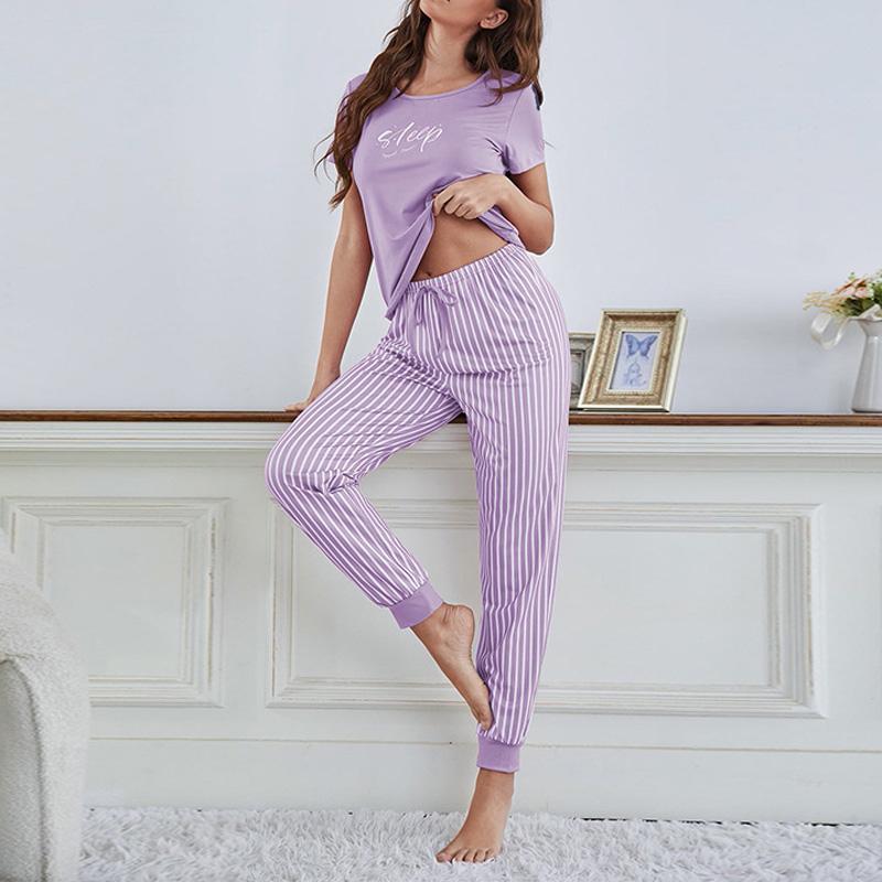 

Летняя женская пижама из двух частей, женские полосатые штаны с короткими рукавами и принтом в виде букв, шелковистый удобный комплект домашней одежды free42.5-67.5kg фиолетовый