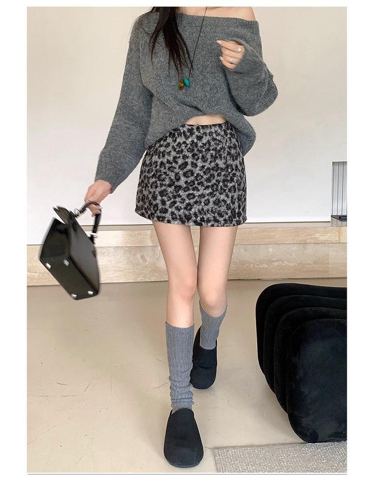 Autumn/Winter Leopard Print A-line High Waist Midi Skirt - Grey/Coffee