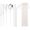 8Pcs/Set Portable Stainless Steel Dinnerware Set Travel Camping Spoon Fork Knife Chopsticks Straws Brush Tableware Flatware Set with Storage Bag
