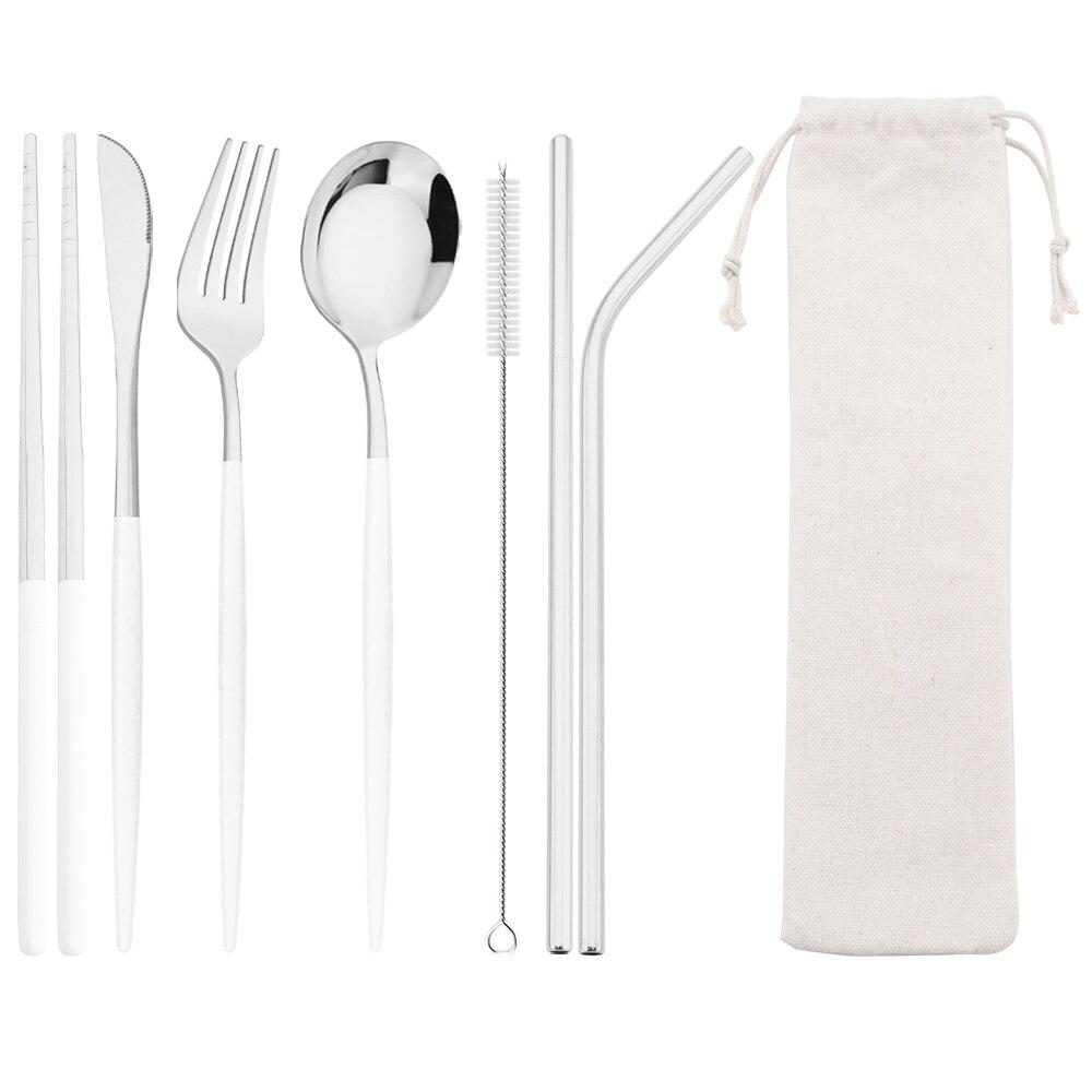 8Pcs/Set Portable Stainless Steel Dinnerware Set Travel Camping Spoon Fork Knife Chopsticks Straws Brush Tableware Flatware Set with Storage Bag