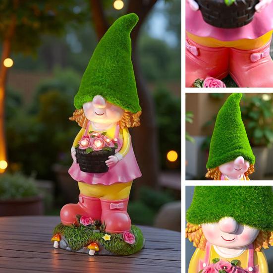 Solar Garden Gnome Statue with LED Light Holding Flower Basket Flocking Hat Dwarf Girl Figurine Sculpture Outdoor Decoration Ornament